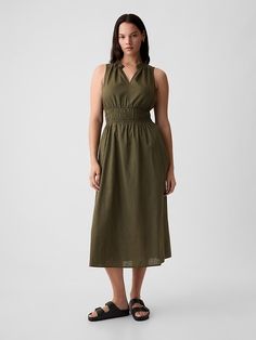 Linen-Blend Splitneck Maxi Dress