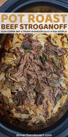 pot roast beef stroganone in a slow cooker with text overlay