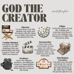 a poster with the words, god the creator and other things to see in it