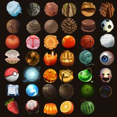 a bunch of different objects that are in the shape of balls and other things on a black background