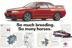 an advertisement for a car that is red and has the words so much breeding, so many horses