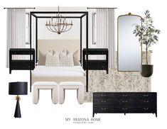 a bedroom with white and black decor, including a four poster bed, dresser, mirror, lamp, rugs, lampshade and table