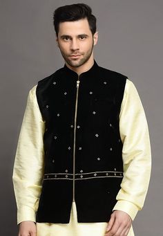 Velvet Nehru Jacket in BlackThis Readymade Sleeveless attire is Enhanced with Thread Work. Crafted in Chinese Collar NeckDo note: Kurta shown in the image is for presentation purposes only. Half to one inch may vary in measurement. (Slight variation in actual color vs. image is possible) Mens Kurta | Mens Kurta Pajama | Mens Sherwani | Mens Sherwani Sets | Traditional Menswear | Partywear Menswear | Indian Mens Dresses | Diwali Kurta | Kurta Pajama | Bollywood Menswear | Mens Nehru Jacket | Nehr Black Nehru Jacket With Zari Work For Festivals, Black Nehru Jacket With Zari For Festivals, Black Nehru Jacket For Festivals, Traditional Black Nehru Jacket For Winter, Black Nehru Jacket With Zari Work For Winter, Traditional Black Outerwear For Festivals, Black Nehru Jacket For Winter Festive Occasion, Black Nehru Jacket For Festive Winter Occasions, Black Nehru Jacket For Festive Winter