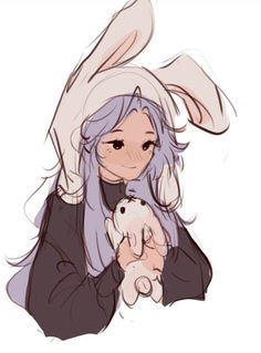 a drawing of a girl with bunny ears on her head holding a small white rabbit