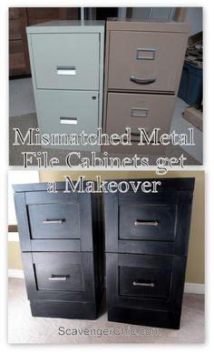 two filing cabinets with the words mismatched metal file cabinets get a makeover