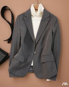 Zlily - Stylish Outerwear Fitted Solid Color Blazer For Winter, Fitted Casual Blazer In Solid Color, Winter Casual Slim Fit Blazer, Gray Cotton Winter Blazer, Gray Winter Office Blazer, Fitted Gray Outerwear For Office, Gray Cotton Blazer For Work, Gray Cotton Workwear Blazer, Fitted Gray Blazer For Fall