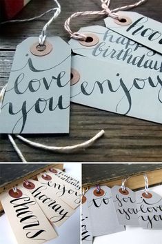 handmade birthday tags with the words i love you written in black ink on them