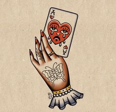 a drawing of a woman's hand holding a card with a heart on it