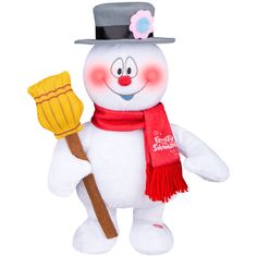 a snowman holding a broom and wearing a hat