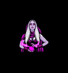 a woman with long white hair and purple makeup holding a pink heart in her hands