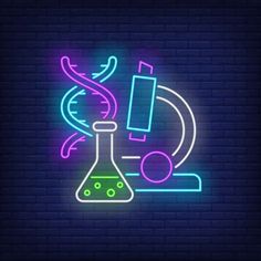 a neon sign that says science with a microscope and test tube in the corner on a brick wall