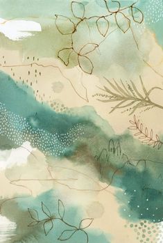 an abstract painting with watercolors and brush strokes on the paper, which is blue and green