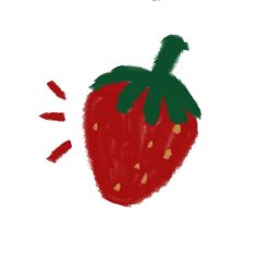 a drawing of a red strawberry with green leaves