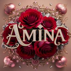 the word amna surrounded by red roses and pearls on a pink background with ornaments