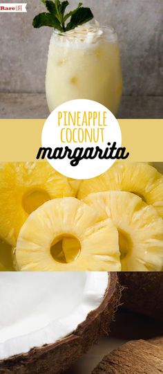 the pineapple coconut margarita is served in a glass and surrounded by pieces of fruit