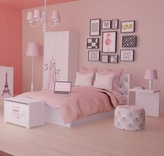 a bedroom with pink walls and pictures on the wall