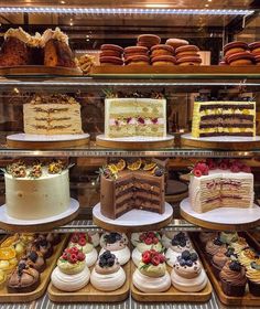 a display case filled with lots of different types of cakes and desserts on top of shelves