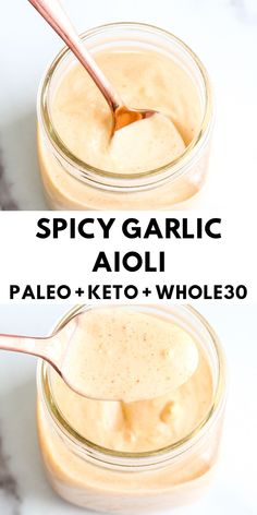 two images showing how to make spicy garlic aioli with palen and keto