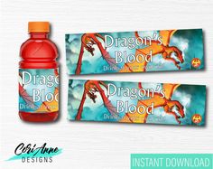 dragon's blood bottle wrappers with an orange dragon on the front and back