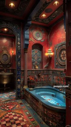 an ornate bathroom with a jacuzzi tub and chandelier