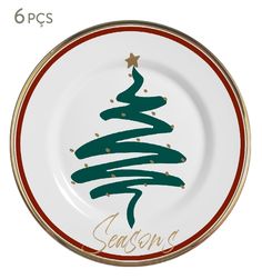 a white plate with a green christmas tree on the front and gold lettering that reads season's greeting