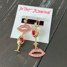 Beautiful Betsey Johnson Earrings, Gold Tone, Lips And Wine Glass, Perfect For Girl Night Out, Wine Night, Wine Tasting. New With Tag. Glamorous Pink Jewelry For Celebration, Trendy Jewelry For Valentine's Day Party, Metal Jewelry For Valentine's Day Party, Glamorous Pink Earrings For Celebration, Valentine's Day Metal Party Jewelry, Valentine's Day Party Drop Earrings, Valentine's Day Party Dangle Jewelry, Trendy Pink Gold Jewelry For Party, Trendy Valentine's Day Party Earrings