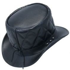 Diamond quilted leather tophat with studs on a 5 inch crown. This quilted steampunk tophat has a universal fitting inside hatband for a most comfortable fit. An updated black quilted hat has 3 studs on front and sides and made of 4-5 oz. top grain cowhide leather that will attract a little extra attention to all how notice. Sizes: S, M, L. [5#] triple studs on front and sides of hatband diamond quilted crown 5 inch tall crown tassel on back universal stretch headband inside top grain leather heavy 4-5 oz. cowhide leather IMPORTANT SPECIFICATIONS: MANUFACTURER: This quality product is a Jamin Leather® brand or other reputable brand that matches or exceeds our quality standards, for the price.LEATHER: Cowhide is a standard premium quality skin that is soft and supple to the touch. The grain Black Leather Steampunk Top Hat, Black Leather Hat With High Crown, Fitted Leather Hat With High Crown, Fitted Leather Top Hat With High Crown, Gothic Winter Hat With Short Brim, Black Leather Hat Bands For Winter, Black Leather Brimmed Top Hat, Black Leather Top Hat With Flat Brim, Adjustable Gothic Hat With High Crown