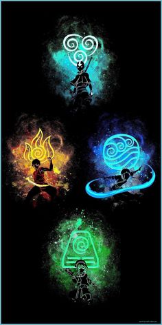 the four avatars are glowing in different colors