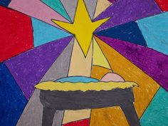 a drawing of a baby jesus in the manger with a star above it on a colorful background