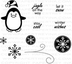 the stamps are designed to look like snowflakes, penguins and christmas balls in black and white