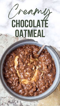 creamy chocolate oatmeal in a bowl with a spoon on the side and text overlay