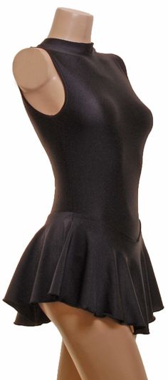 a mannequin wearing a black dress with ruffles on the bottom and sides