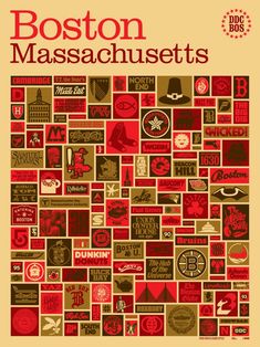 the boston massachusetts map is shown in red and brown colors, with many different symbols