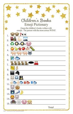 the children's books emoj dictionary is shown in gold stars and white paper