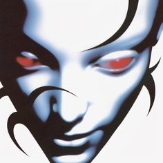 an evil looking man with red eyes and black hair is seen in this graphic art