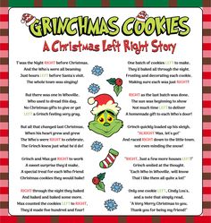 the grinchmas cookies christmas left right story is shown in red and green checkered paper