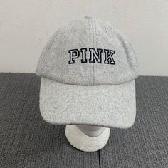 Pink Victoria's Secret Baseball Hat Womens OS Gray Wool Blend Strapback Cap One Size Fits Most Hats With Letter Print Visor, Visor Hat With Letter Print, One Size, One Size Visor Hat With Letter Print, Pink Casual Snapback Hat For Baseball Season, Casual Pink Snapback Hat For Baseball Season, Letter Print Snapback Hat With Curved Brim, Adjustable Letter Print Baseball Cap For College, Casual Letter Print Hat For College, Casual Letter Print Hat