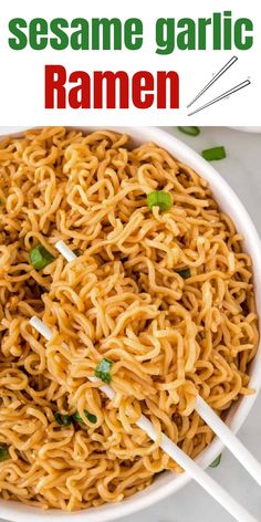 sesame garlic ramen noodles in a white bowl with chopsticks on the side