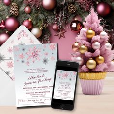 an image of a christmas party with pink and gold decorations on the table next to a cupcake