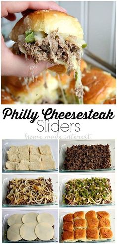 the steps to make phily cheese steak sliders are shown in this collage