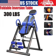 a blue and black exercise chair with the us stock logo on it's back