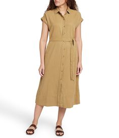 From Faherty&#x2C; this dress features: Soft semi-stretch fabrication A-line shirt dress silhouettePointed collarShort sleevesDrop shoulderFixed cuffSelf fabric selt detail Open front split hemline Straight hemlineMidi dress length Full button front Approx. 49.75" lengthTENCEL™ lyocell/linen/organic cotton/elastaneMachine wash on cool gentle cycle&#x2C; secure buttons before wash&#x2C; remove belt before wash&#x2C; wash with Shirt Midi Dress, Garden Party Dress, Evening Formal, Midi Shirt Dress, Spring Trends, Midi Length Dress, Casual Coat, Dillard's, Spring Dresses