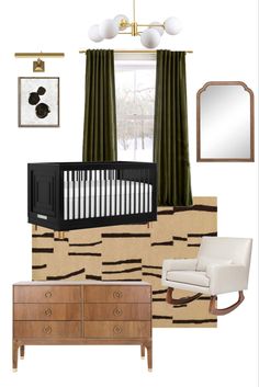 a baby's room with furniture and decor in it, including a crib