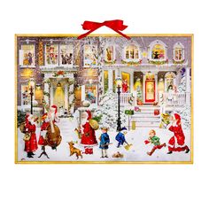 a christmas scene with children playing in front of a house