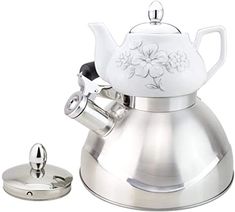 a silver tea pot with flowers on it and a cup next to the top one