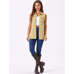 This jean vest jacket is made of soft and breathable denim cotton. Falls to mid-thigh for an elegant look that is slimming, flattering, and comfortable to wear. Suitable for daily casual, vacation, school, shopping, weekend gatherings or shopping etc. You can match it with a sweater for fall and winter or a casual tank cami for sunshine and summer. It is a good choice for the upcoming season. Casual Spring Vest With Flap Pockets, Casual Sleeveless Vest With Flap Pockets, Casual Work Vest With Flap Pockets, Spring Utility Denim Sleeveless Vest, Spring Utility Sleeveless Denim Vest, Spring Sleeveless Utility Denim Vest, Long Denim Vest, Womens Tailored Suit, Women's Vests