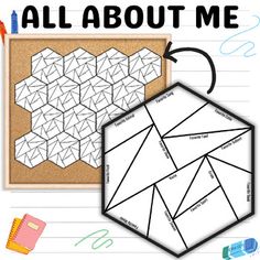 an all about me activity sheet with the words and pictures on it, next to a drawing