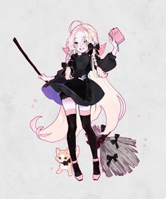 an anime character with pink hair and black clothes, holding a broom while standing next to a cat