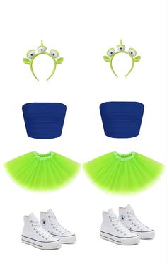 two pairs of shoes, one with a green tutu skirt and the other blue