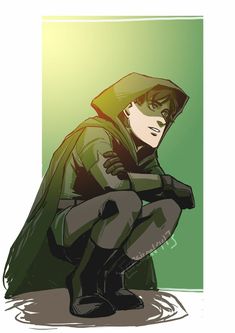 a drawing of a person kneeling down in front of a green background with the image of a man wearing a hoodie